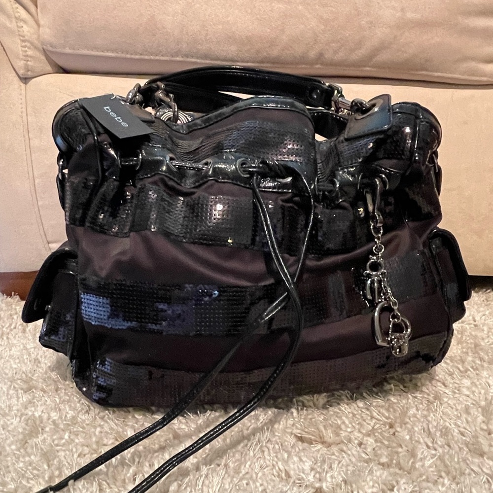 bebe Black satin and sequin satchel